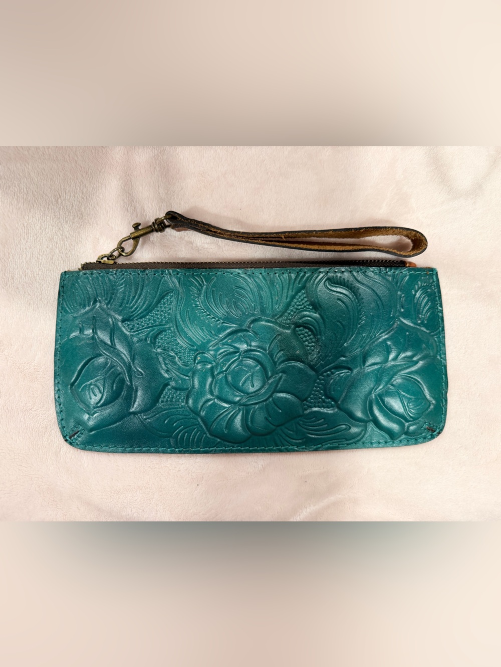 Emerald Green Floral Embossed Leather Wristlet Wallet - Women Bags